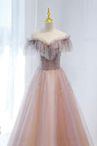 Pink Tulle Beaded Long Formal Dress, Pink V-Neck Prom Dress HZ0429