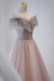 Pink Tulle Beaded Long Formal Dress, Pink V-Neck Prom Dress HZ0429
