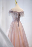 Pink Tulle Beaded Long Formal Dress, Pink V-Neck Prom Dress HZ0429