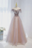 Pink Tulle Beaded Long Formal Dress, Pink V-Neck Prom Dress HZ0429