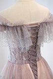 Pink Tulle Beaded Long Formal Dress, Pink V-Neck Prom Dress HZ0429