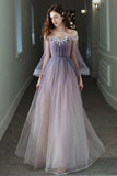Purple Tulle Lace Long Prom Dress, Ombre Tulle Evening Dress HZ0429