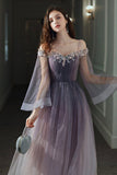 Purple Tulle Lace Long Prom Dress, Ombre Tulle Evening Dress HZ0429