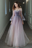 Purple Tulle Lace Long Prom Dress, Ombre Tulle Evening Dress HZ0429