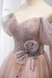 Pink Tulle Beaded Long Prom Dress, Off the Shoulder Evening Dress HZ0429