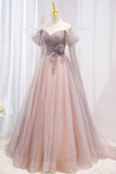 Pink Tulle Beaded Long Prom Dress, Off the Shoulder Evening Dress HZ0429