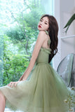 Green Tulle Short Prom Dress, Green A-Line Party Dress with Bow HZ0429