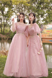 Pink Tulle Long Prom Dresses, A-Line Bridesmaid Dresses HZ0429