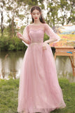 Pink Tulle Long Prom Dresses, A-Line Bridesmaid Dresses HZ0429