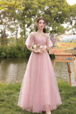 Pink Tulle Long Prom Dresses, A-Line Bridesmaid Dresses HZ0429