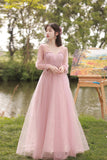 Pink Tulle Long Prom Dresses, A-Line Bridesmaid Dresses HZ0429