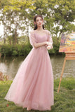 Pink Tulle Long Prom Dresses, A-Line Bridesmaid Dresses HZ0429