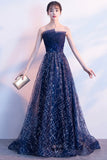 Blue Tulle Sequins Long Prom Dresses, A-Line Strapless Evening Dresses HZ0429