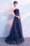 Blue Tulle Sequins Long Prom Dresses, A-Line Strapless Evening Dresses HZ0429