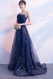 Blue Tulle Sequins Long Prom Dresses, A-Line Strapless Evening Dresses HZ0429