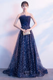 Blue Tulle Sequins Long Prom Dresses, A-Line Strapless Evening Dresses HZ0429