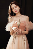 Pink Tulle Sequins Long Prom Dress, Off the Shoulder Evening Dress HZ0429