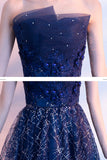 Blue Tulle Sequins Long Prom Dresses, A-Line Strapless Evening Dresses HZ0429