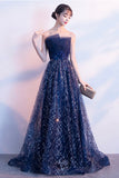 Blue Tulle Sequins Long Prom Dresses, A-Line Strapless Evening Dresses HZ0429