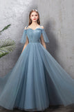 Blue Tulle Long Prom Dresses, A-Line Simple Evening Dresses HZ0429