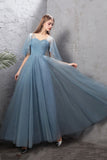Blue Tulle Long Prom Dresses, A-Line Simple Evening Dresses HZ0429