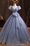 Blue Tulle Sequins Long Prom Dress, A-Line Evening Gown with Bow HZ0429