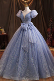 Blue Tulle Sequins Long Prom Dress, A-Line Evening Gown with Bow HZ0429