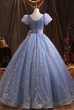 Blue Tulle Sequins Long Prom Dress, A-Line Evening Gown with Bow HZ0429