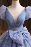 Blue Tulle Sequins Long Prom Dress, A-Line Evening Gown with Bow HZ0429