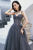 Gray Tulle Beaded Floor Length Prom Dress, A-Line Party Dress HZ0429