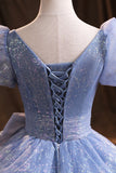 Blue Tulle Sequins Long Prom Dress, A-Line Evening Gown with Bow HZ0429