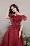 Burgundy Off the Shoulder Tulle Long Formal Dresses, A-Line Evening Dresses HZ0429