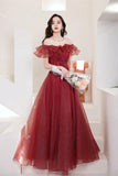 Burgundy Off the Shoulder Tulle Long Formal Dresses, A-Line Evening Dresses HZ0429