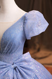 Blue Tulle Sequins Long Prom Dress, A-Line Evening Gown with Bow HZ0429
