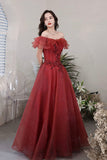 Burgundy Off the Shoulder Tulle Long Formal Dresses, A-Line Evening Dresses HZ0429