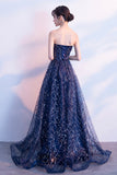 Blue Tulle Sequins Long Prom Dresses, A-Line Strapless Evening Dresses HZ0429