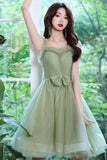 Green Tulle Short Prom Dress, Green A-Line Party Dress with Bow HZ0429