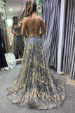 A-Line Tulle Sequins Long Backless Prom Dresses, Graduation Dresses HZ0429