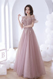 Off the Shoulder Lace Long Prom Dress, Pink A-Line Evening Dress HZ0429