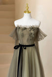 A-Line Tulle Long Prom Dress, Off the Shoulder Formal Evening Dress HZ0429