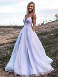 Purple V-Neck Tulle Long Prom Dress, A-Line Backless Evening Party Dress HZ0429