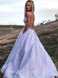 Purple V-Neck Tulle Long Prom Dress, A-Line Backless Evening Party Dress HZ0429