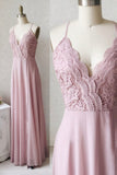 Pink Chiffon Lace Long Prom Dresses, V-Neck Spaghetti Strap Party Dresses HZ0429