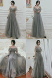 Gray Tulle Sequins Long Prom Dresses, A-Line Evening Dresses HZ0429
