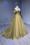 Green Tulle Long A-Line Prom Dress, Off the Shoulder Evening Party Dress HZ0429