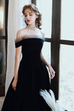 Cute Velvet A-Line Tea Length Prom Dresses, Black Party Dresses HZ0429