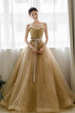 Lovely Strapless Tulle Lace Long Prom Dress, A-Line Evening Dress HZ0429