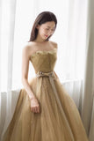 Lovely Strapless Tulle Lace Long Prom Dress, A-Line Evening Dress HZ0429