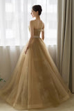 Lovely Strapless Tulle Lace Long Prom Dress, A-Line Evening Dress HZ0429