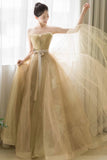 Lovely Strapless Tulle Lace Long Prom Dress, A-Line Evening Dress HZ0429